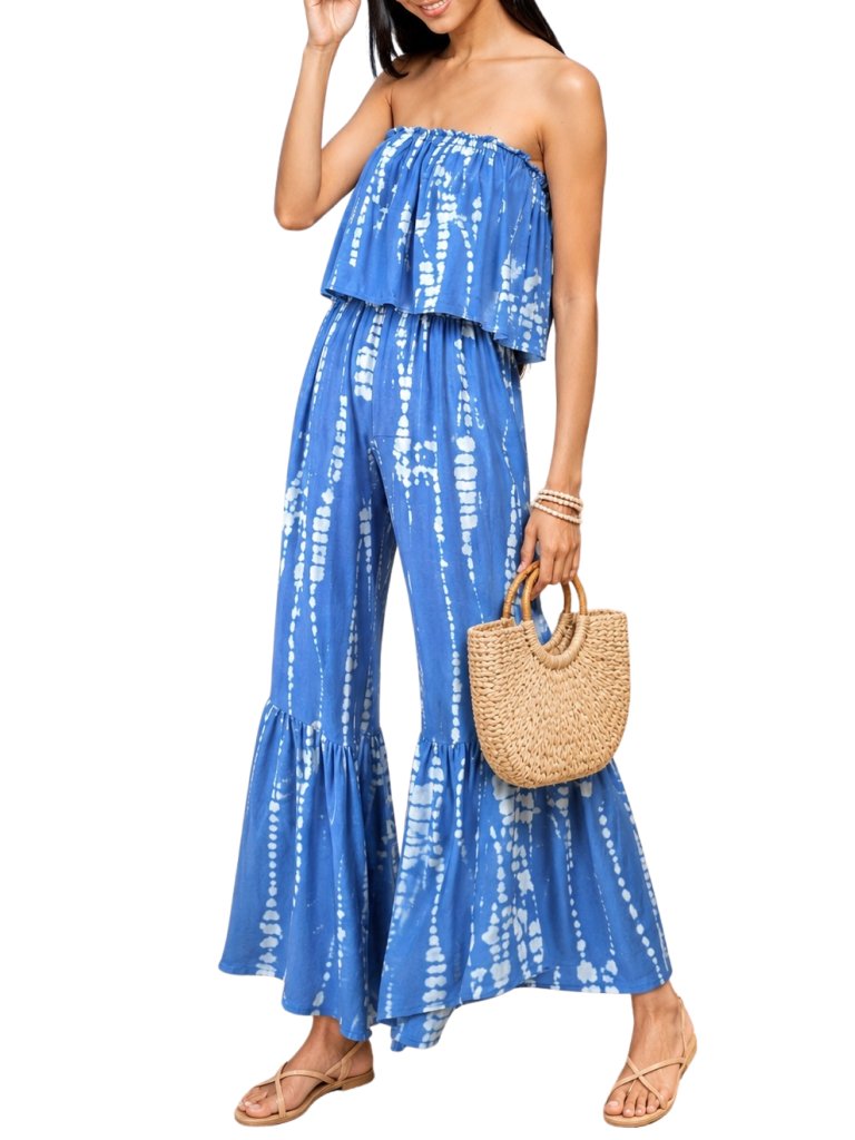 Japna Tie Dye Strapless Wide Leg Flowy Jumpsuit - S - Blue, White